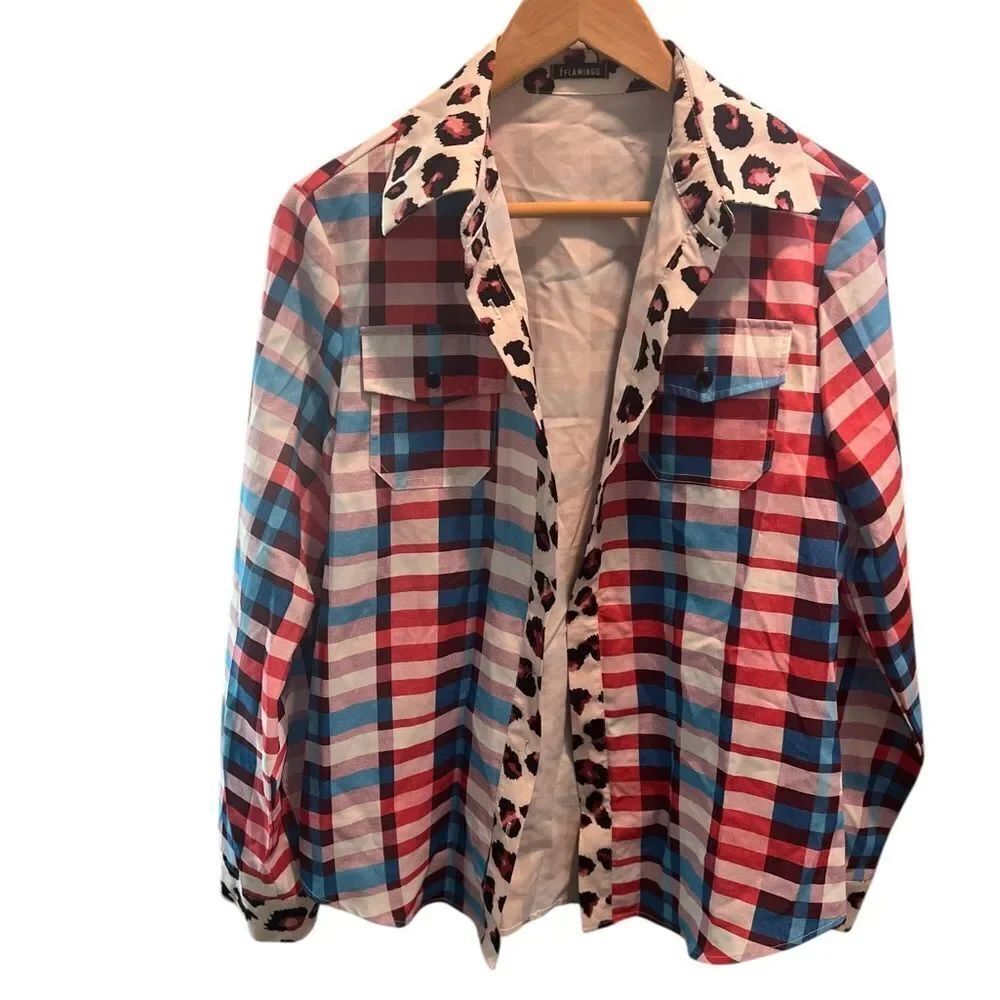 Flamingo Women’s Plaid Button-Up Shirt Red Blue Check with Leopard Print Trim M